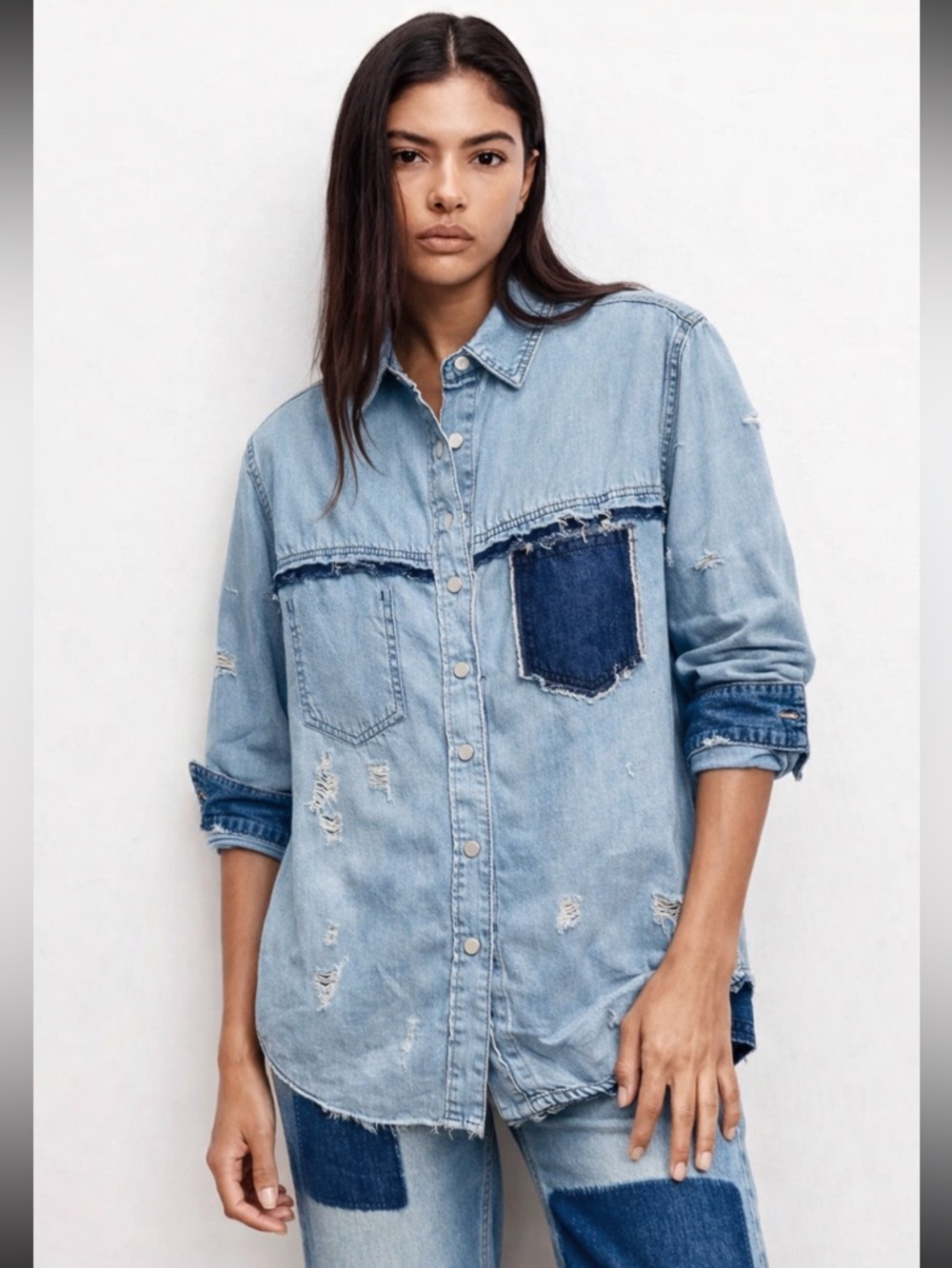POL Distressed Two-Tone Denim Button-Up Shirt